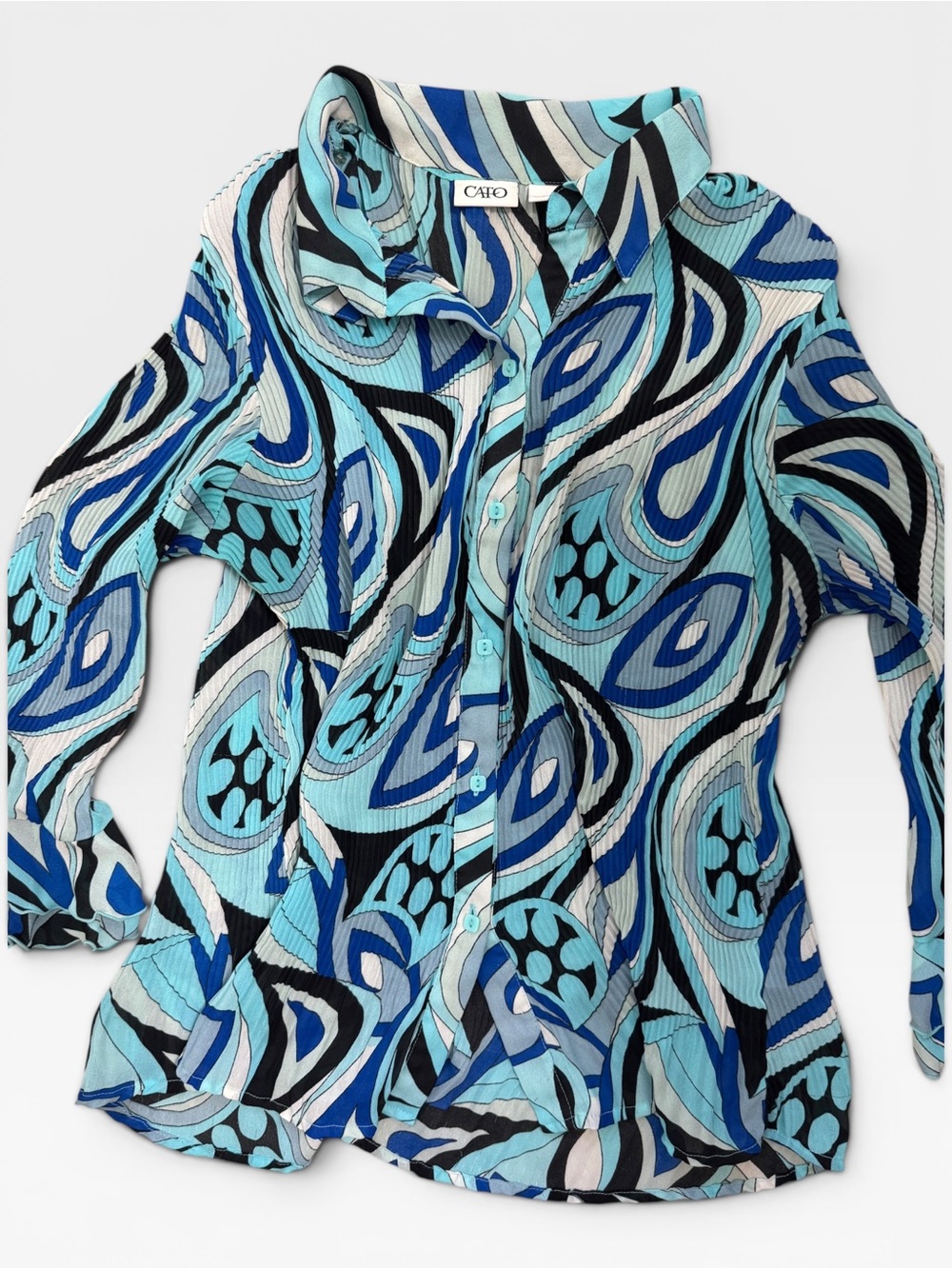 Cato Blue Abstract Geometric Paisley Pleated Blouse Bell Sleeve Button Down Sz L